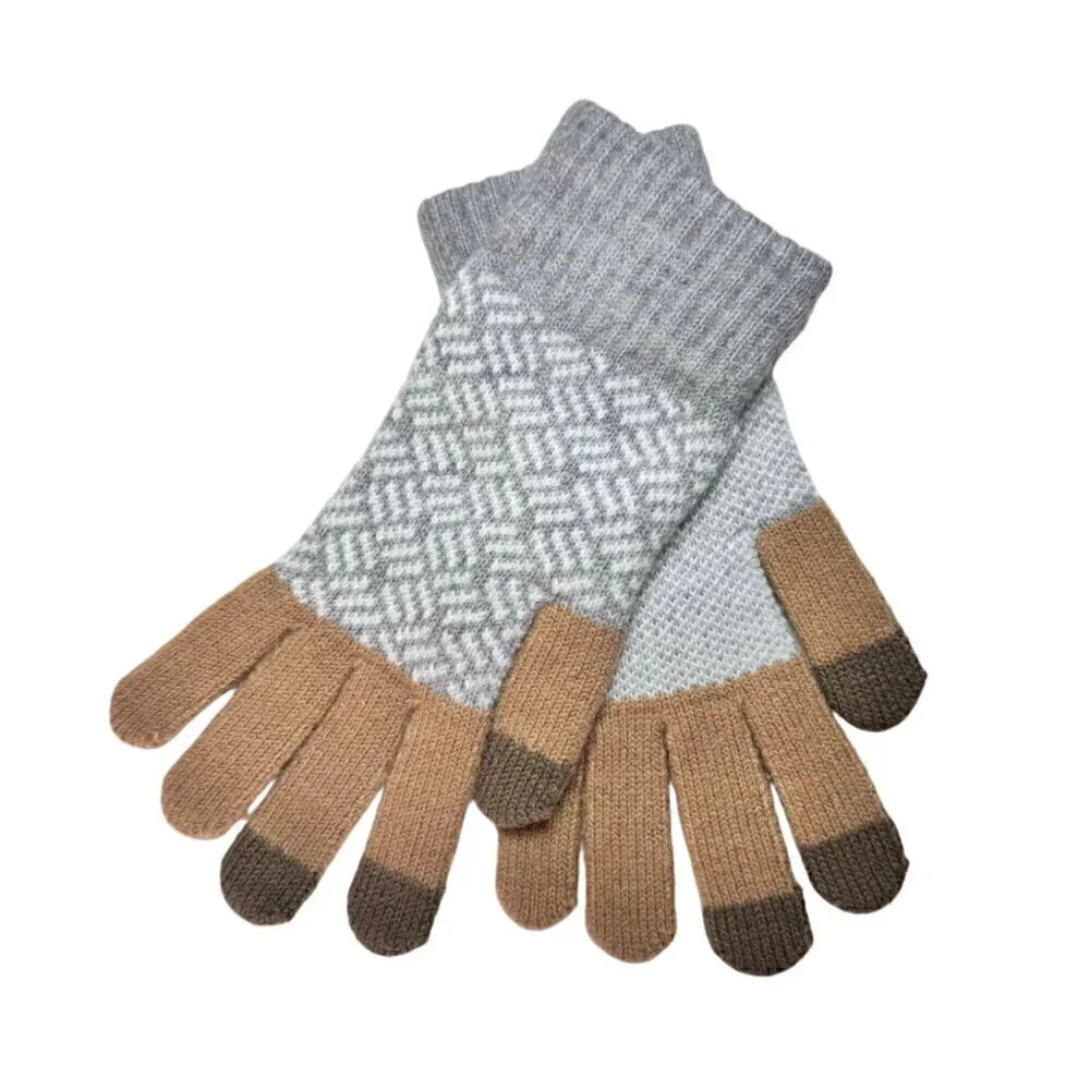 NEW Knit Winter Gloves Wool Blend Gray Tan Screentouch Friendly Sz. M